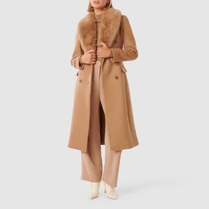 Ever New Frankie Tan Wool Pea Coat with Faux Fur Collar
